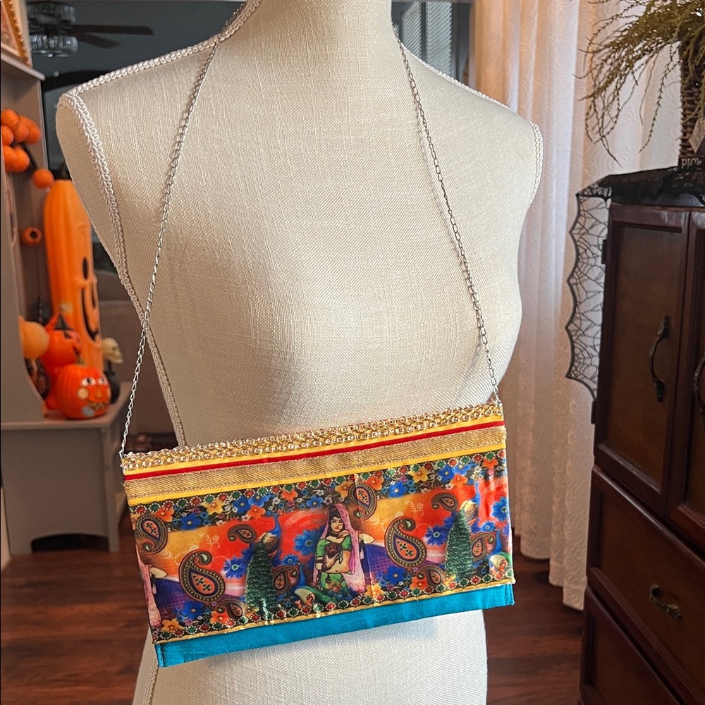 Vibrant Paisley Clutch with Chain Strap